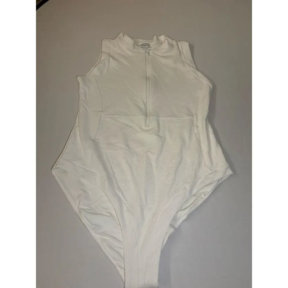 Melissa Odabash Sports Luxe White Textured Zip Front Swimsuit Rashguard US 10 - Picture 2 of 9